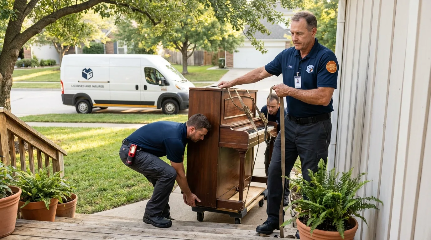 Licensed piano movers securing grand piano in Jackson, TN